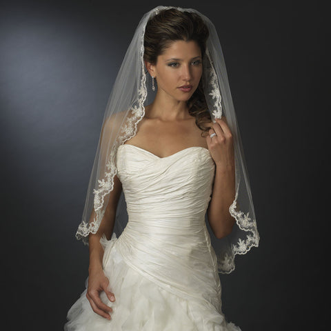 New White/Ivory Elbow Length Wedding Veil With Rhinestone Edge & Comb