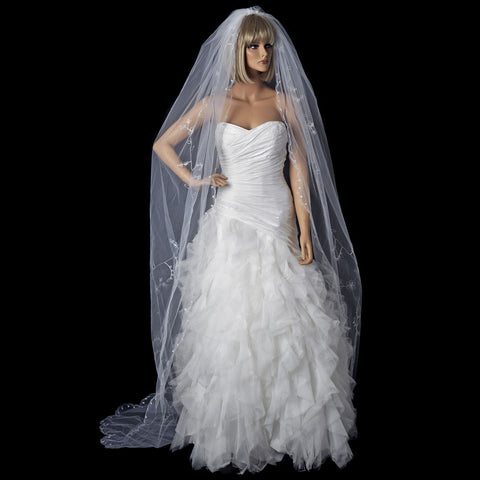 Single White Tier Cathedral Length Bridal Wedding Veil Accented in Flower Embroidery & Swarovski Crystals 67