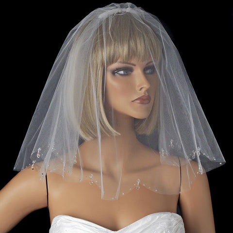 Single Layer Russian Blusher Bridal Wedding Veil with Scalloping Edge of Crystal Drops & Bugle Beads 705