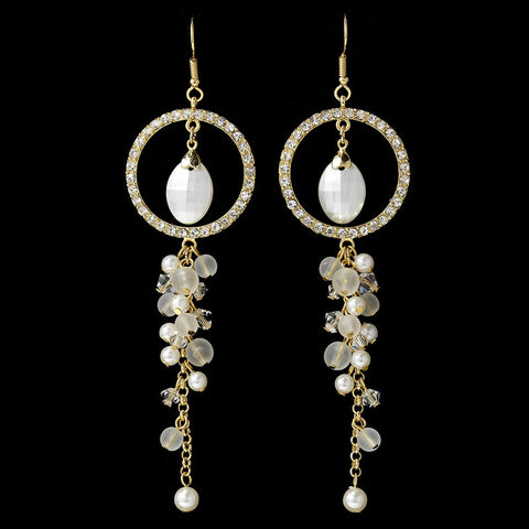 Gold Ivory Pearl, Bead Rhinestone Dangle Bridal Wedding Earrings