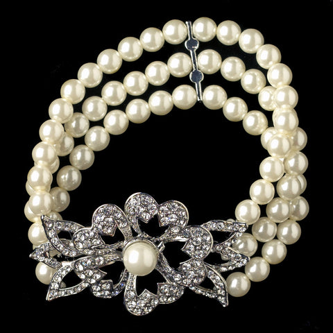 Rhodium Ivory Pearl Rhinestone Stretch Flower Bridal Wedding Bracelet