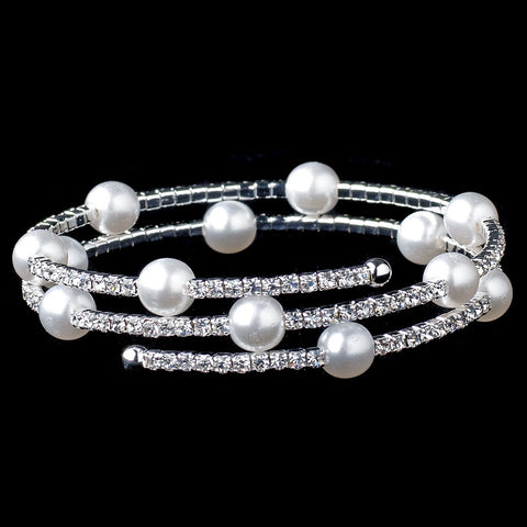 Silver Clear Rhinestone White Pearl Coil Bridal Wedding Bracelet