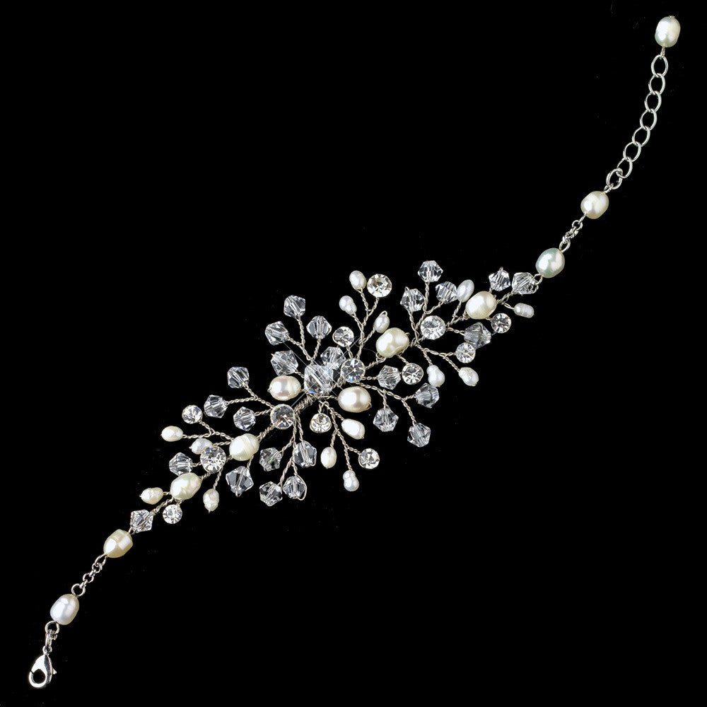 Silver Ivory Freshwater Pearl Crystal Clasp Bridal Wedding Bracelet