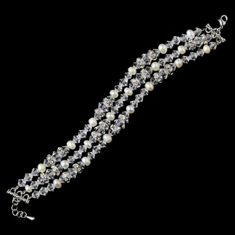 Silver Crystal Freshwater Pearl Multi-Strand Bridal Wedding Bracelet