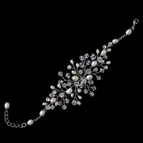 Silver Ivory Freshwater Pearl Crystal Clasp Bridal Wedding Bracelet