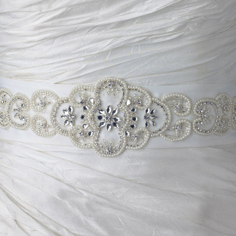 Ivory Matte Satin Rhinestone & Pearl Beaded Bridal Wedding Belt 205