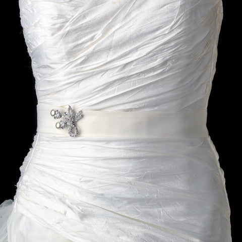 Antique Silver Vine w/ Diamond White Pearl Drop Bridal Wedding Brooch 133