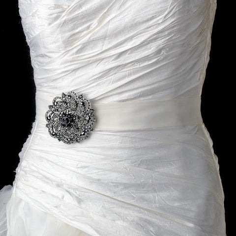Antique Silver w/ Black Rhinestones Flower Bridal Wedding Brooch 79