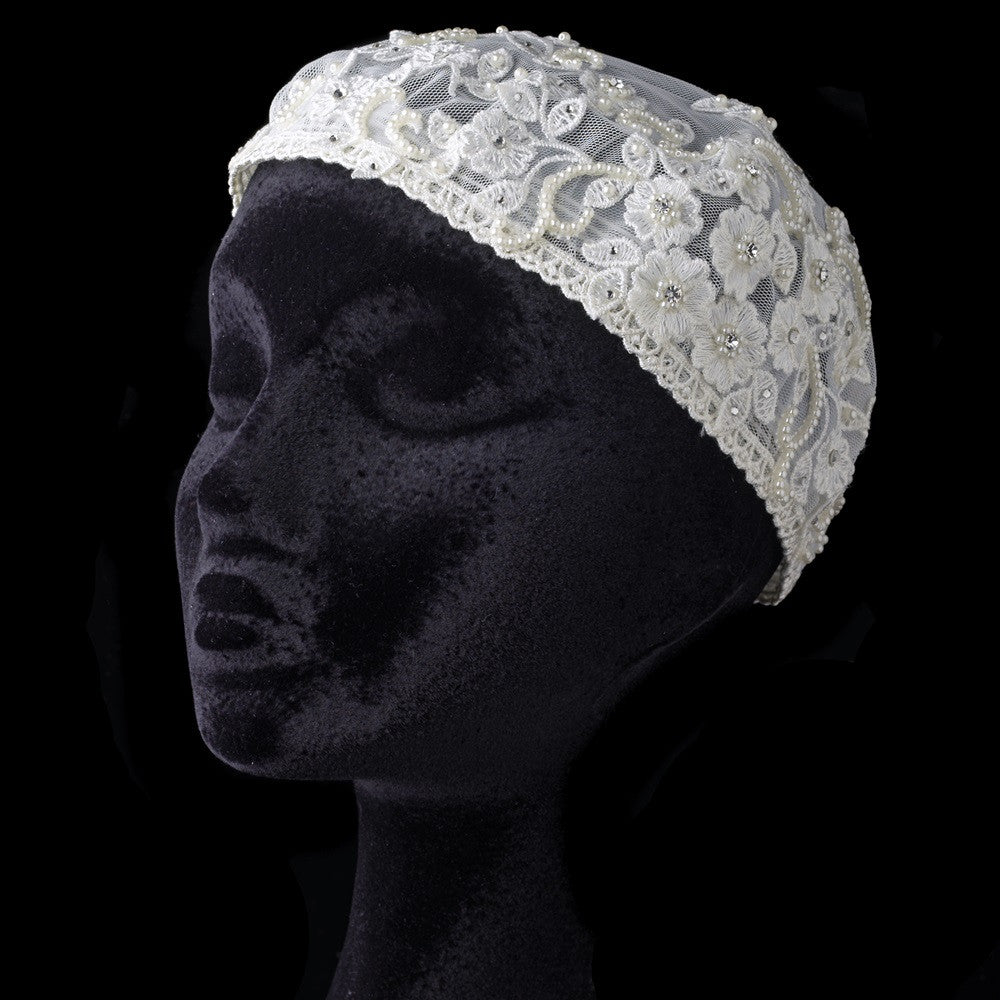 Floral Tulle Lace Headpiece Dome Hat with Rhinestone & Pearl Accents