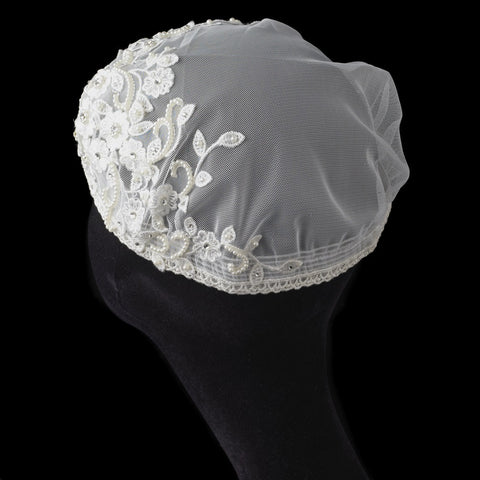 Floral Tulle Lace Headpiece Dome Hat with Rhinestone & Pearl Accents