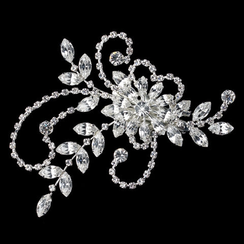 Silver Clear Floral Leaf Bridal Wedding Hair Clip with Rhinestones