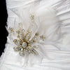 Glamorous Gold Bridal Wedding Hair Clip with Bridal Wedding Brooch Pin and Clear Rhinestones & Ivory Feathers 456