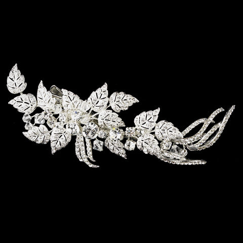 Silver Clear Rhinestone Floral Leaf Bridal Wedding Hair Clip with Swarovski Crystal Beads