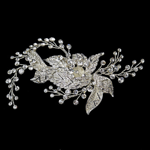 Silver Clear Rhinestone Floral Vine Leaf Bridal Wedding Hair Clip