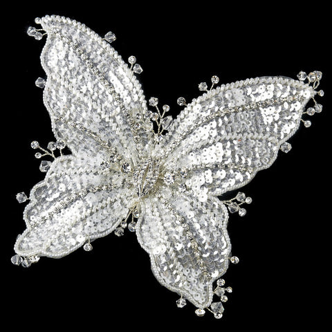 Silver Clear Beaded Sequin Butterfly Bridal Wedding Hair Clip with Rhinestones & Swarovski Crystal Bead Accents