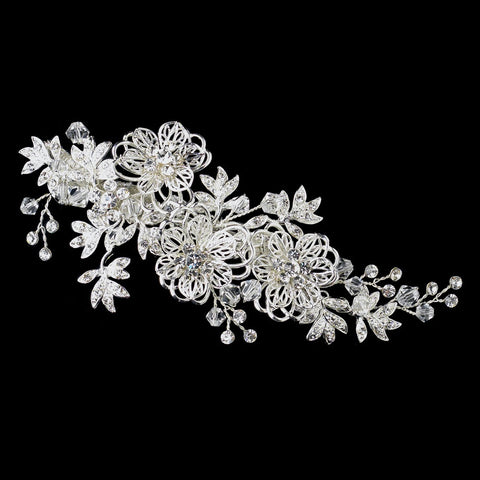 Silver Flower Wire Bridal Wedding Hair Clip with Rhinestones & Swarovski Crystal Beads