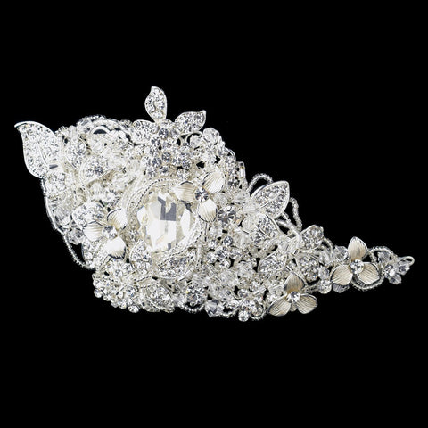 Silver Clear Beaded Gemstone Floral Bridal Wedding Hair Clip with Rhinestones & Swarovski Crystal Beads