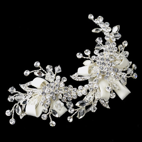 Matte Satin Ribbon Floral Bridal Wedding Hair Clip with Swarovski Crystal Beads & Rhinestones