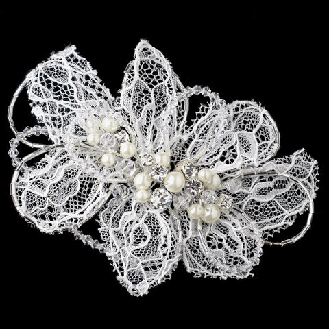 White Floral Lace Bead Bridal Wedding Hair Clip with Ivory Pearls, Swarovski Crystal Beads & Rhinestones