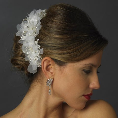 * Clear Rhinestone, Glass Bead & Fabric Flower Bridal Wedding Hair Clip 2268