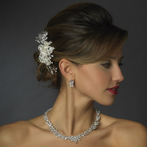 Silver Clear Rhinestone Flower Bridal Wedding Hair Clip with Pearl Accents