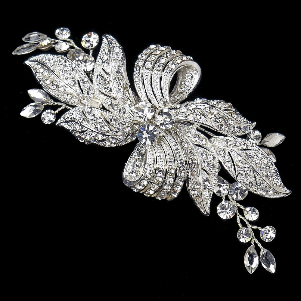 Silver Clear Floral Leaf Bow Ribbon Bridal Wedding Hair Clip with Rhinestones