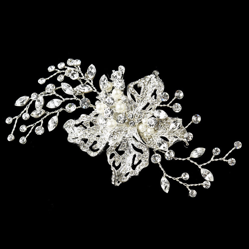 Silver Clear Rhinestone Flower Bridal Wedding Hair Clip with Pearl Accents