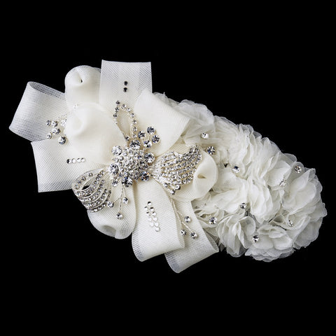 Ivory Organza Floral Ribbon Bow Bridal Wedding Hair Clip with Rhinestone Accents