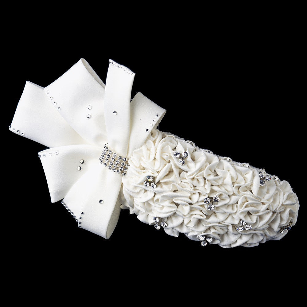 Ivory Matte Satin Fabric Bow Bridal Wedding Hair Clip with Rhinestone Accents