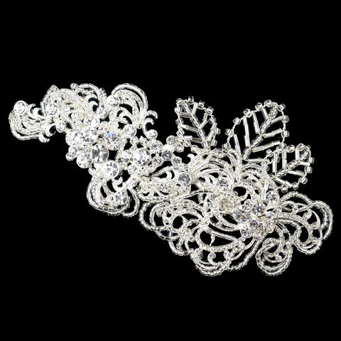 Silver Clear Beaded Floral Leaf Rhinestone Bridal Wedding Hair Clip