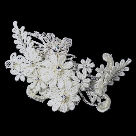 Ivory Flower Lace Bridal Wedding Hair Clip with Rhinestones & Pearls
