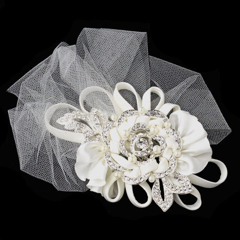 Ivory Matte Satin Ribbon Tulle Bridal Wedding Veil Floral Leaf Bridal Wedding Hair Clip with Rhinestones & Pearls