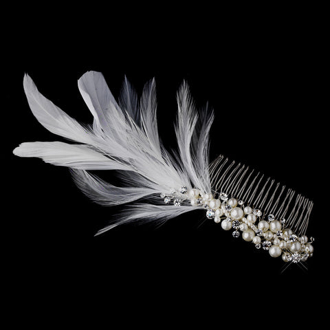 Silver Clear Feather Bridal Wedding Hair Comb Fascinator with Rhinestones & Pearls