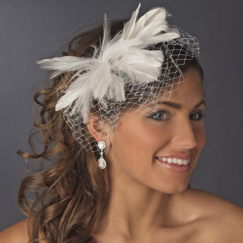 * Flower Feather Fascinator with Russian Tulle Bridal Wedding Veiling Accent on Bridal Wedding Hair Comb 750