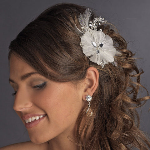 * Fabulous White Feather Bridal Wedding Hair Clip w/ Rhinestones & Swarovski Crystals 8990