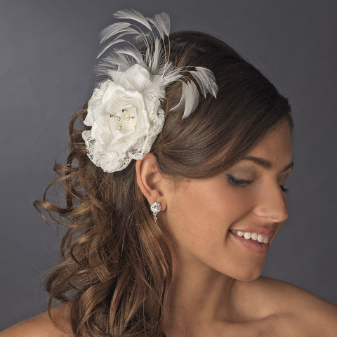 Precious Ivory or White Lace Flower Bridal Wedding Hair Clip or Bridal Wedding Hair Comb w/ Rhinestones & Feathers 8993