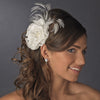 Precious Ivory or White Lace Flower Bridal Wedding Hair Clip or Bridal Wedding Hair Comb w/ Rhinestones & Feathers 8993