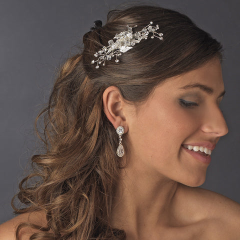 Glistening Silver Floral Bridal Wedding Hair Comb w/ Clear Rhinestones & Swarovski Crystals 9802