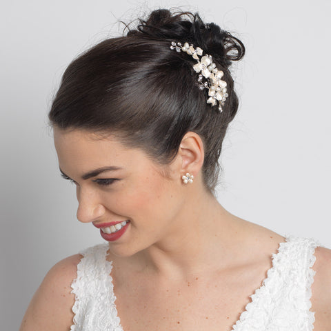 Gold Ivory Freshwater Pearl & Rhinestone Floral Bridal Wedding Hair Comb 120