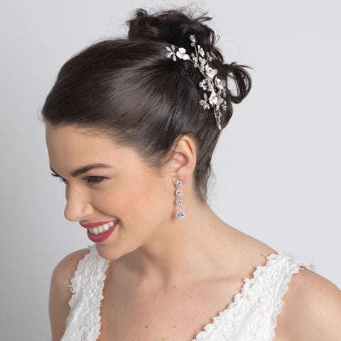 Rhodium Clear Round & Teardrop CZ Crystal Dangle Bridal Wedding Earrings 1336