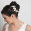 Lt Champagne Silver Plated Rhinestone & Ivory Pearl Floral Bridal Wedding Hair Comb 62