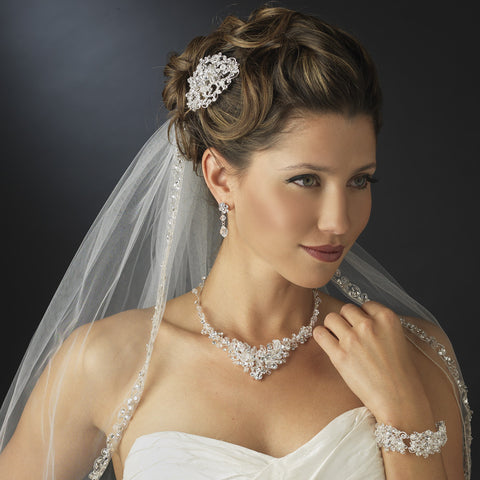 Silver Clear Rhinestone & Swarovski Crystal Bead Bridal Wedding Bracelet 9501