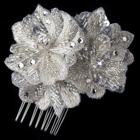 Silver Ivory Thread Flower Bridal Wedding Hair Comb with Sequins, Rhinestones & Beads
