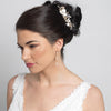 Silver Champagne Enameled Flower Bridal Wedding Hair Comb w/ Rhinestones & Freshwater Pearls 3812