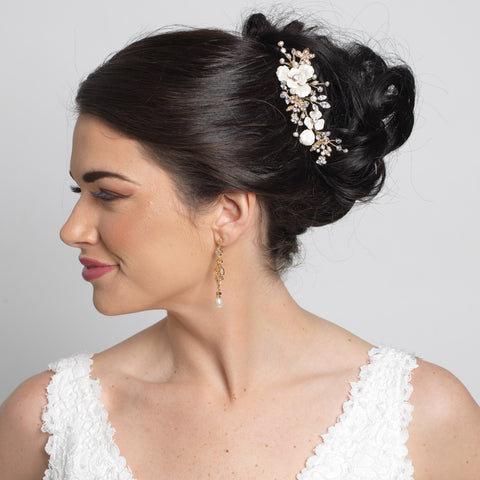 Silver Champagne Enameled Flower Bridal Wedding Hair Comb w/ Rhinestones & Freshwater Pearls 3812