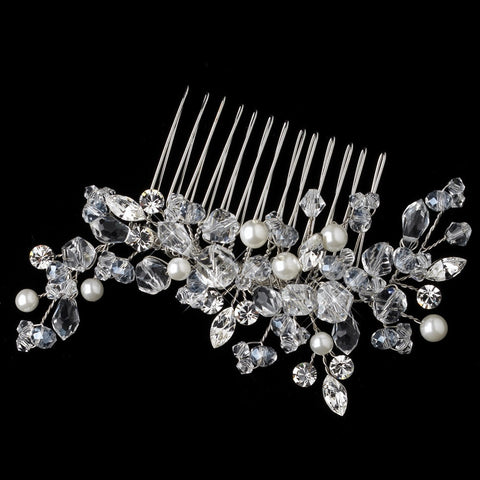 Rhodium Diamond White Pearl & Crystal Bridal Wedding Hair Comb 4158