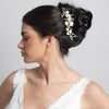 Silver Ivory Enameled Flower Bridal Wedding Hair Comb w/ Rhinestones 5206