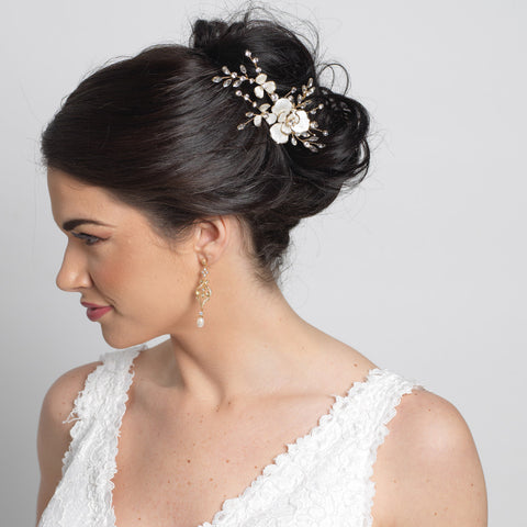 Gold Ivory Enameled Flower Bridal Wedding Hair Comb w/ Rhinestones 5207