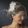 Russian Tulle & Feather Fascinator & Birdcage Bridal Wedding Veil on Bridal Wedding Hair Comb in White or Ivory 8399