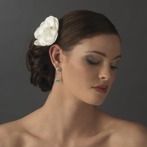 Matt Satin Flower Bridal Wedding Hair Clip w/ Rhinestones, Swarovski Crystals & Fresh Water Pearl accents 8429